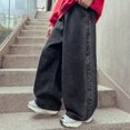 thumbnail image 4 of Generic Kids Straight Leg Jeans Retro Print Cargo Denim Pants Baggy Black Jeans/Fashion Y2k Elastic Waist School Trousers, 4 of 7