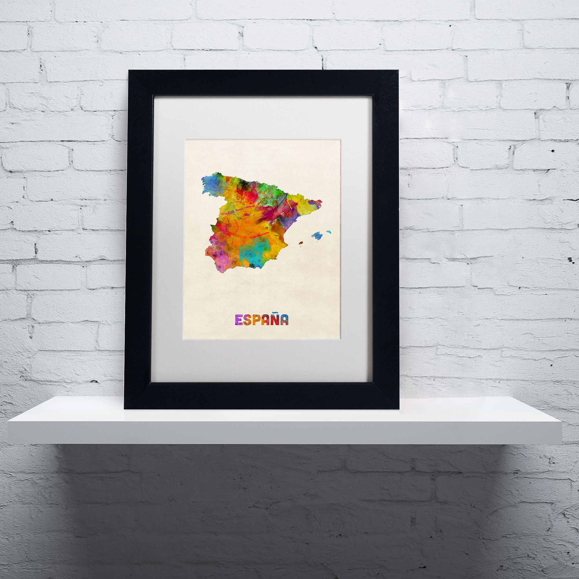 Trademark Fine Art "Spain Watercolor Map" Canvas Art by Michael Tompsett, White Matte, Black Frame