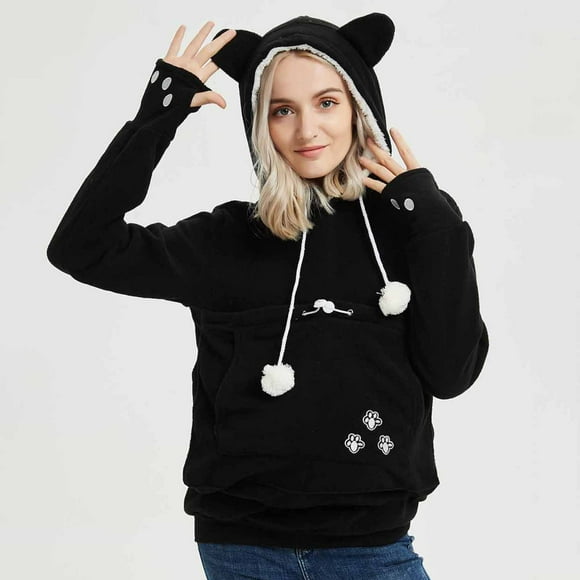 Virmaxy Women's Hooded Sweatshirt Round Ears Cute Cat Paw Printed Top Solid Colour Shaker Velvet Kangaroo Pocket Jacket Black 2XL