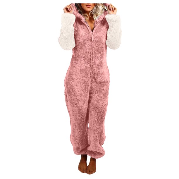 Gibobby pantalones siameses de pierna ancha Pijamas de manga larga de lana artificial para mujer Casual Color sólido Cremallera Suelta con capucha Mono Pijamas Casual Invierno(Rosa, XXXXXL)