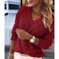 thumbnail image 4 of Women'S V Neck Hollowed Out Sweater Long Sleeve Knit Pullover Sweater Red L, 4 of 9