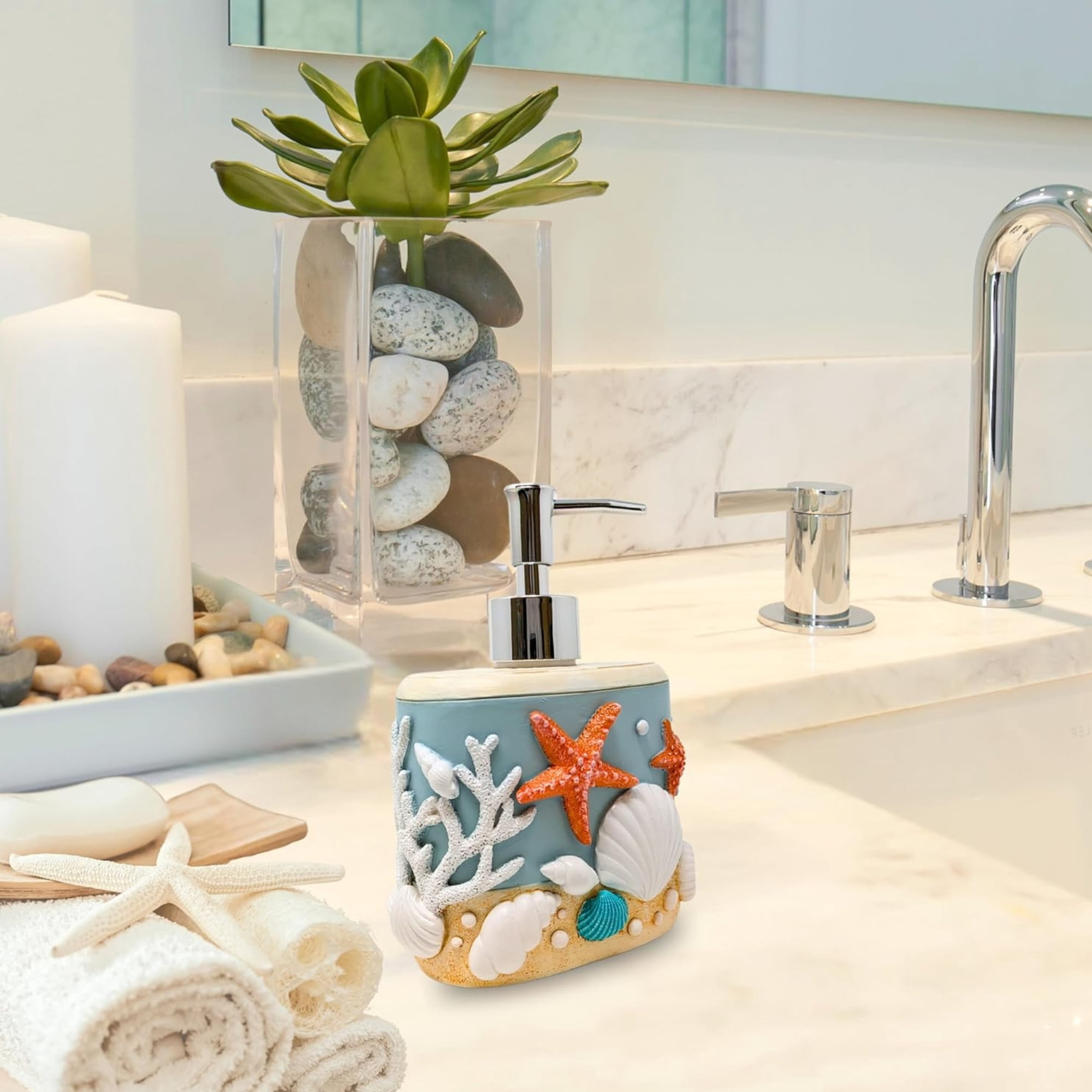 Seaside Splendor Pump Bottle Dispenser – 3D Resin Pump Bottle with Seashells & Starfish Nautical Design for Hand soap, or Lotion, Ocean-Inspired Bathroom Accessories, & Guest Bath Coastal Décor