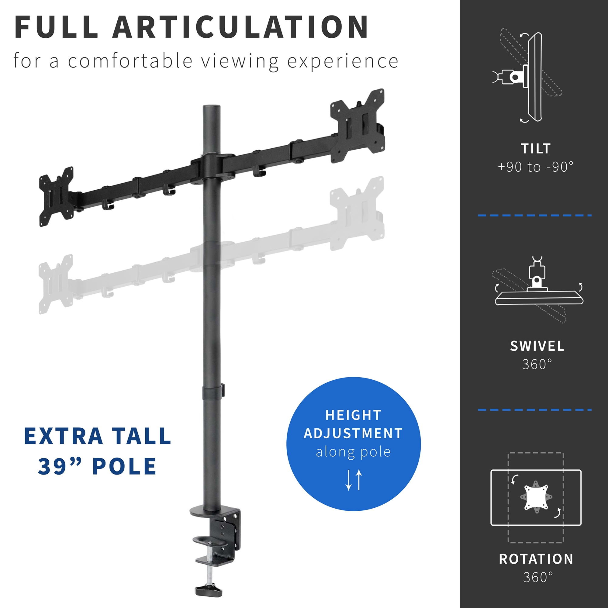 VIVO Dual Monitor Desk Mount Extra Tall Adjustable Stand for up to 27" Screens