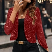 FANXING Womens Cropped Sequin Bolero Shrugs Open Front Long Sleeve Cardigan Sweater Sparkling Jackets for Evening Party Red 2XL