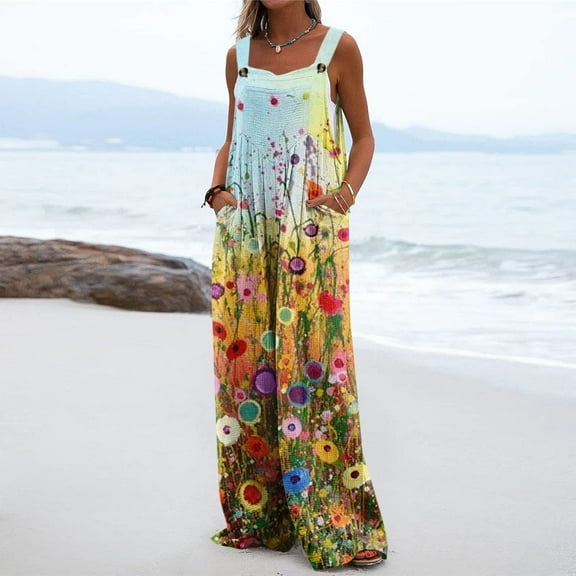 QENGING Womens Rompers Pants Floral Printed jumpsuits Casual Button Pocket Sleeveless Wide Leg Trousers for Casual Home Holiday