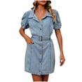 thumbnail image 2 of Xuniizn Denim Dress for Women, Puff Sleeve V Neck Bodycon Summer Dress With Button, Soft Comfortable Vintage Dress, 2 of 9