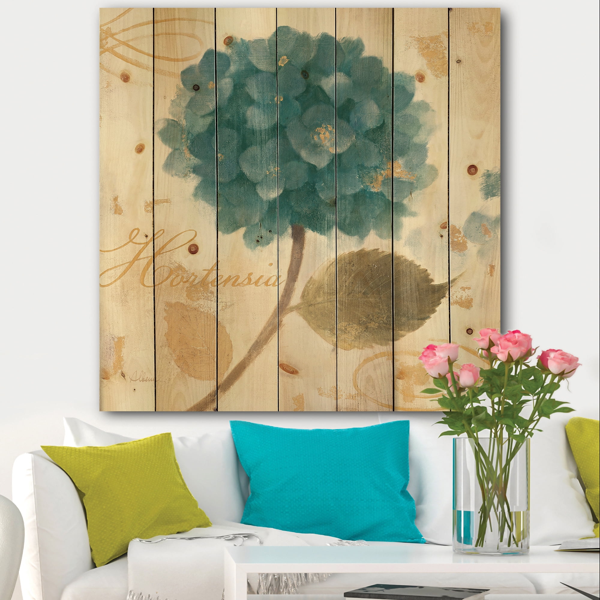 Designart 'Abstract Blue Cottage Flower Hydrangea I' Farmhouse Print on Natural Pine Wood