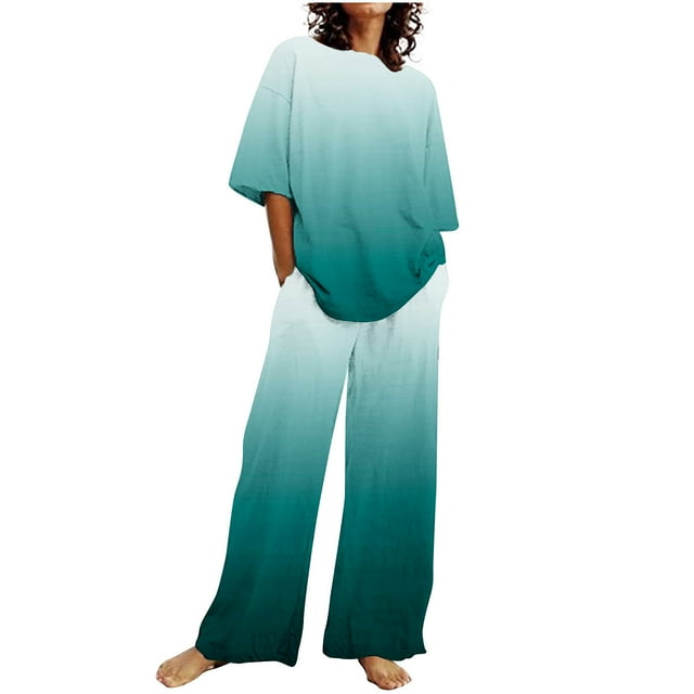 Hvobtty Ensemble de Blouses Décontractées à Manches Courtes Col Rond pour Femmes, Haut à Manches Courtes Col Rond/tube Droit Ample avec Poche Pantalon Long