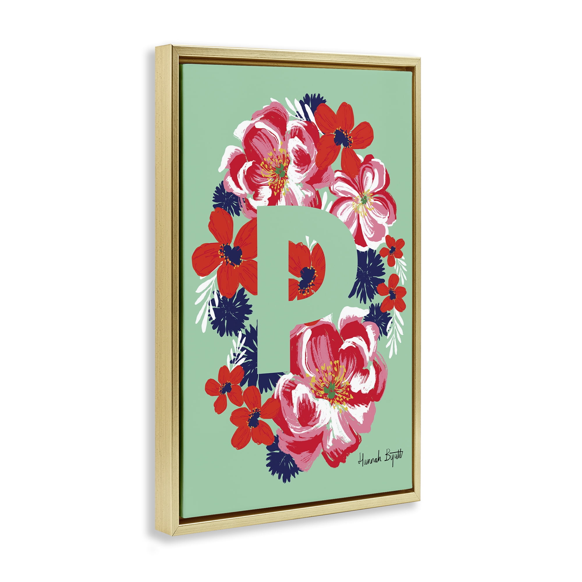 Stupell Industries Floral Bloom Letter P Botanical & Floral Painting Gold Floater Framed Art Print Wall Art, 17 x 25
