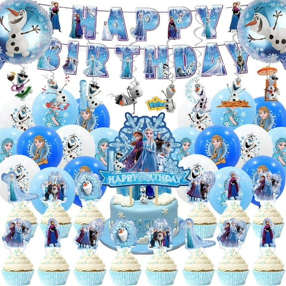 51Pieces Frozen Birthday Party  Decorations 1Banner 15Balloons  1Cake Topper 24Cupcake Toppers 8Hanging Swirl 2Foil Balloons for Kids Birthday Party Supplies