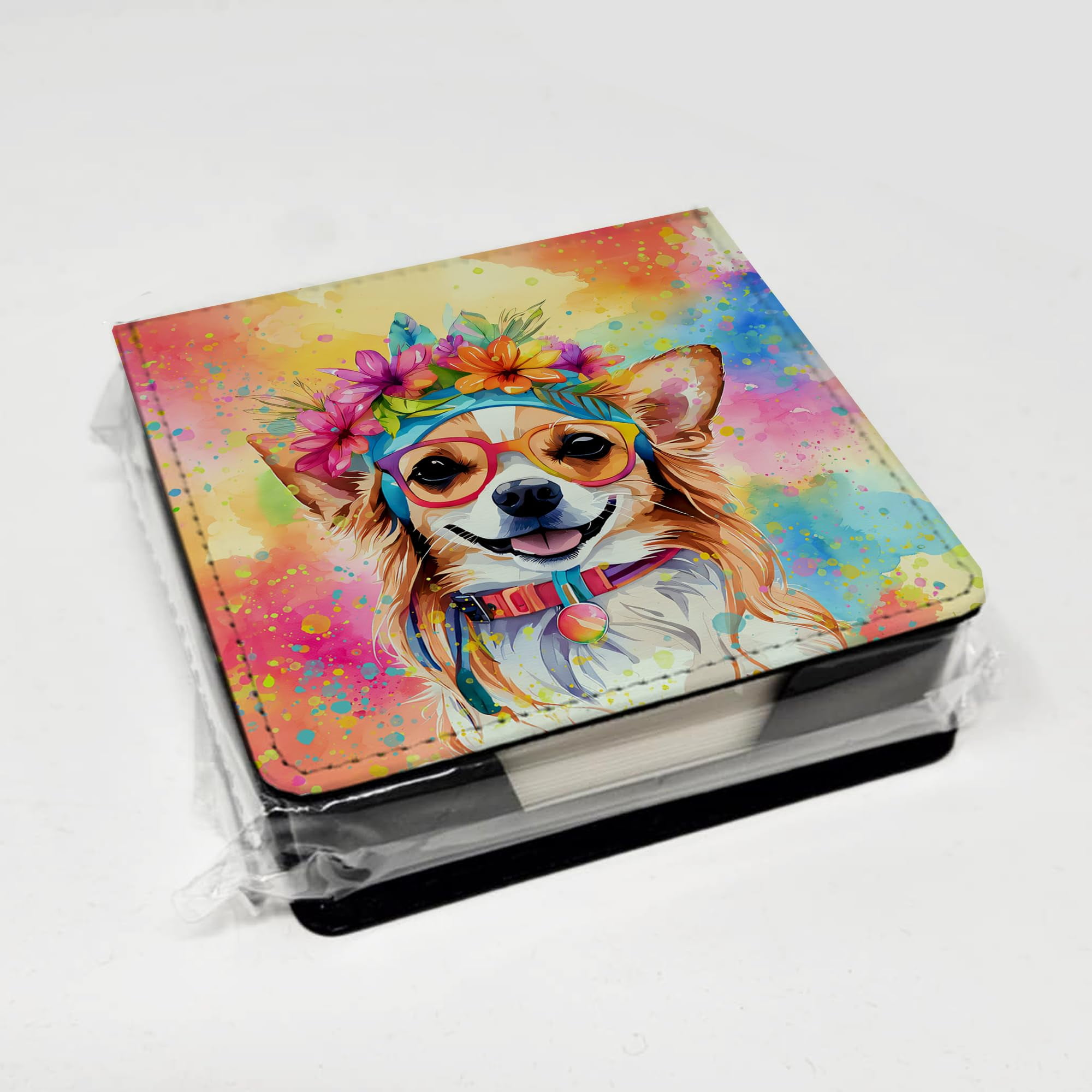 Caroline's Treasures Chihuahua Hippie Dawg PU Leather Note Paper Holder with Artist-Designed Cover, Desk Accessory, Office Gift