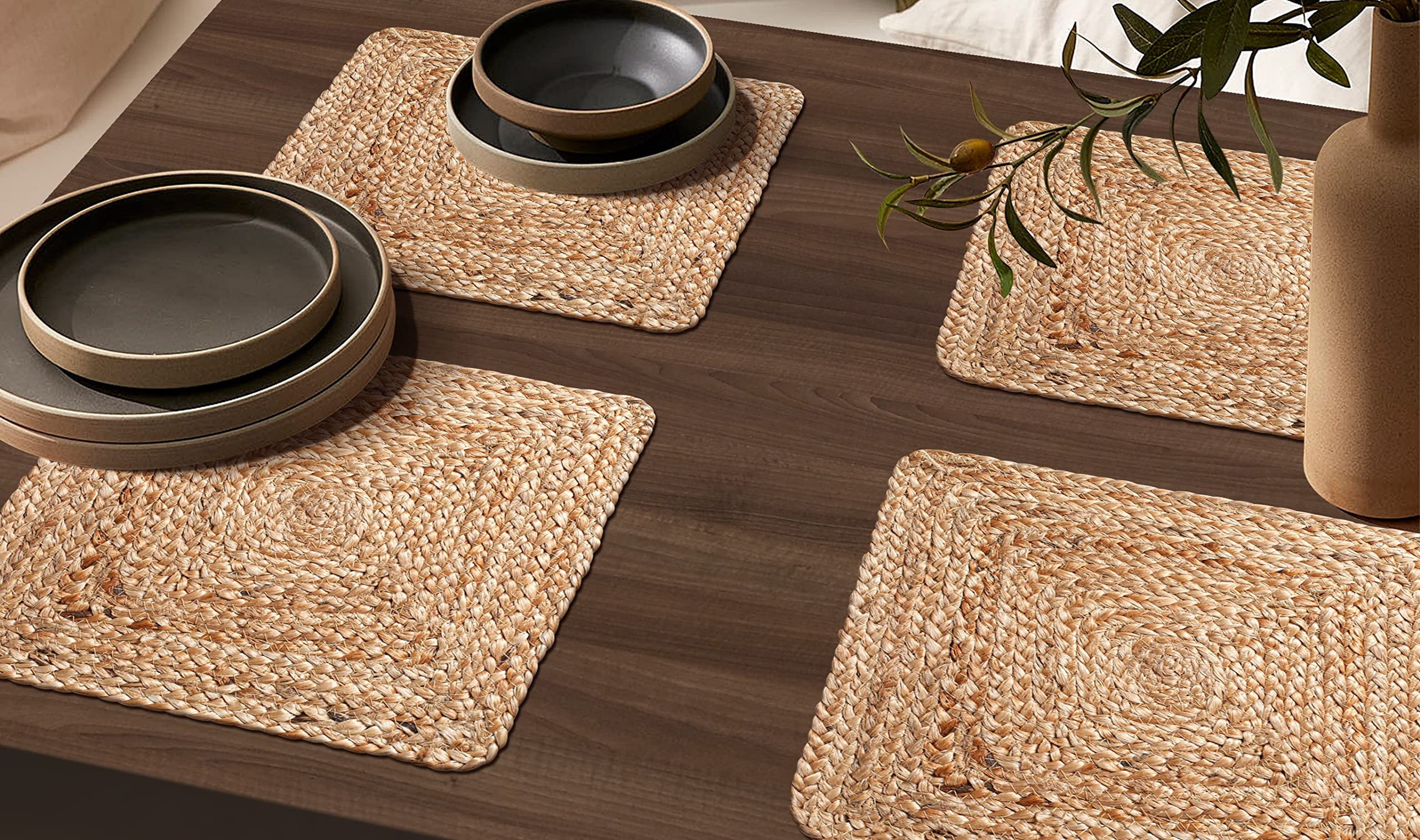 Savi Home Jute Braided Square Placemats, Reversible, Natural, Set of 4, 13 x 13 inches