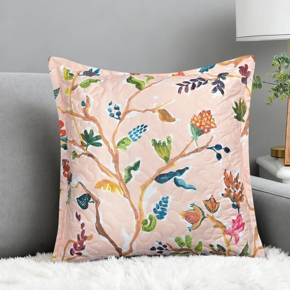 DriftAway Lauren Pink Quilted Pillow Covers Colorful Watercolor Branch Printed Pattern Decorative Square for Home Sofa Bedroom Bed Decor 18 x 18 Inches 1PC Soft Pink