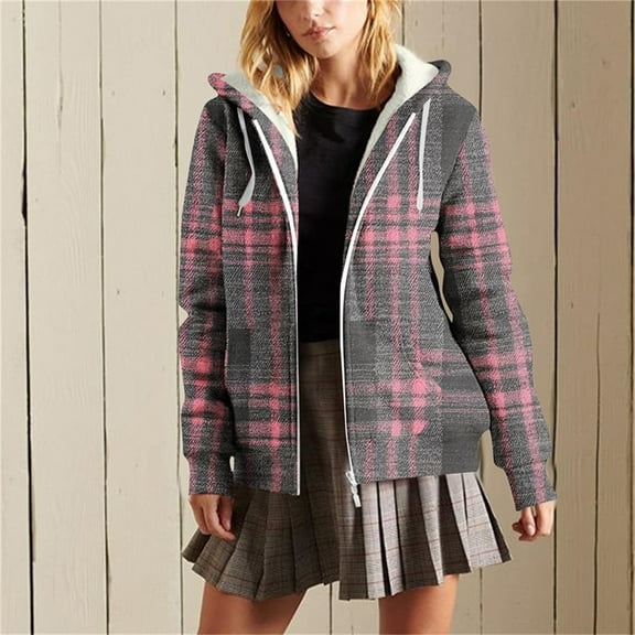 FDGIU Women's Plaid Flannel Shacket - Plus Size Fleece Lined Hooded Coat, Long Sleeve Button-Down Shirt Jacket, Oversized Flannel Hoodie, Warm Winter Zip-Up Coat