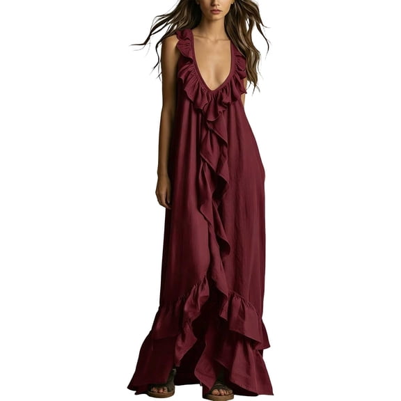 ZQUUVOU Maxi Dresses for Women V Neck Ruffle Sleeveless Loose Flowy Tiered Sundress Vintage Boho Sun Dresses Burgundy