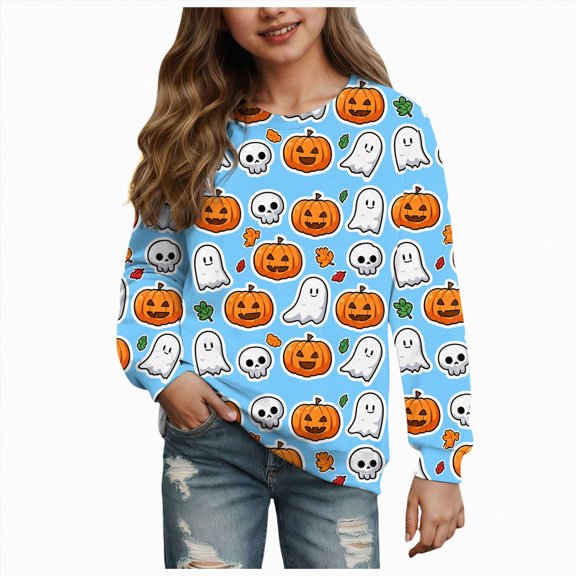 Cdudpw Kids Boy Girl Crewneck Halloween Sweatshirt Pumpkin Graphic Print Halloween Shirt Long Sleeve Tops(M119-Sky Blue)
