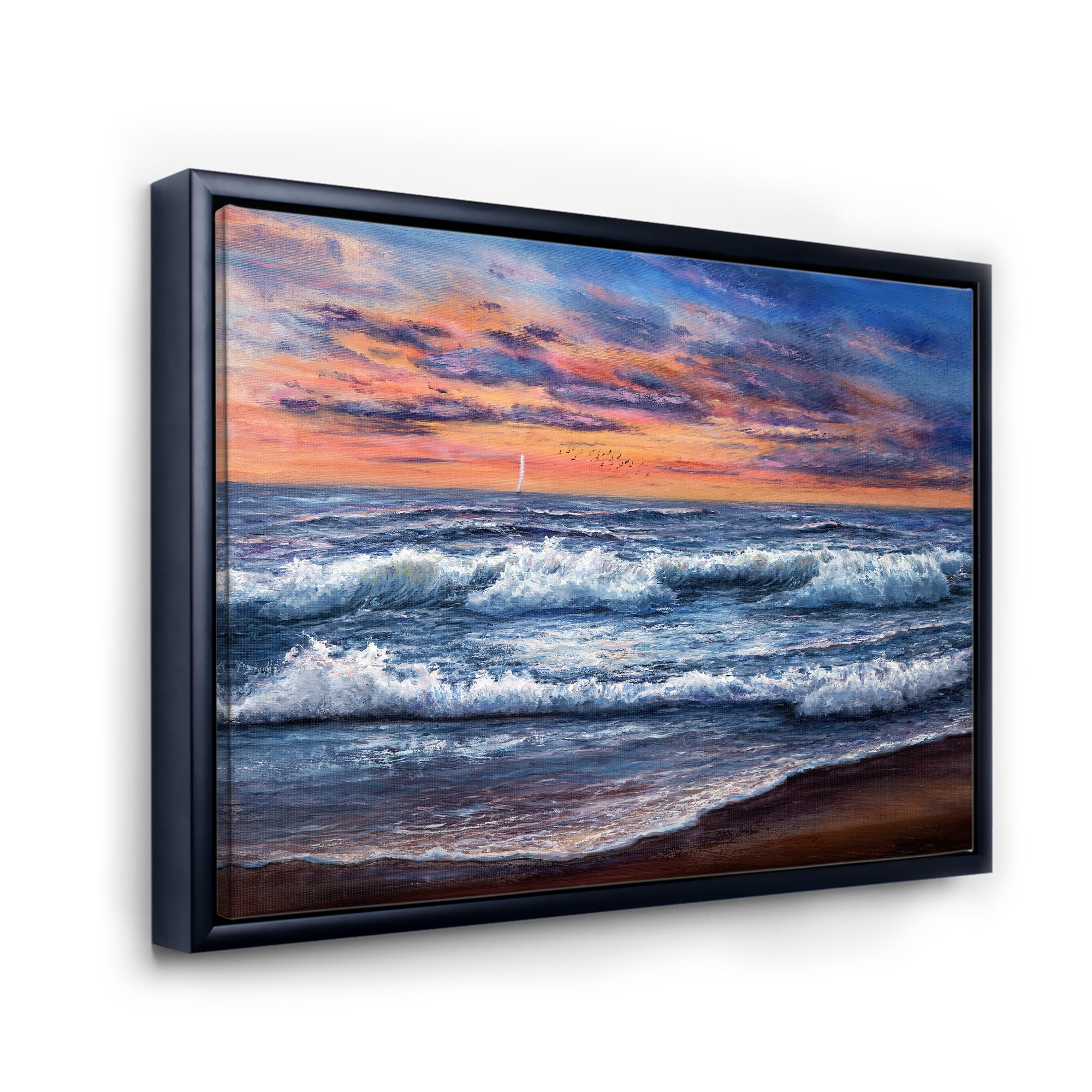 Designart 'The Blue Ocean In Sunset Evening II' Nautical & Coastal Framed Canvas Wall Art Print