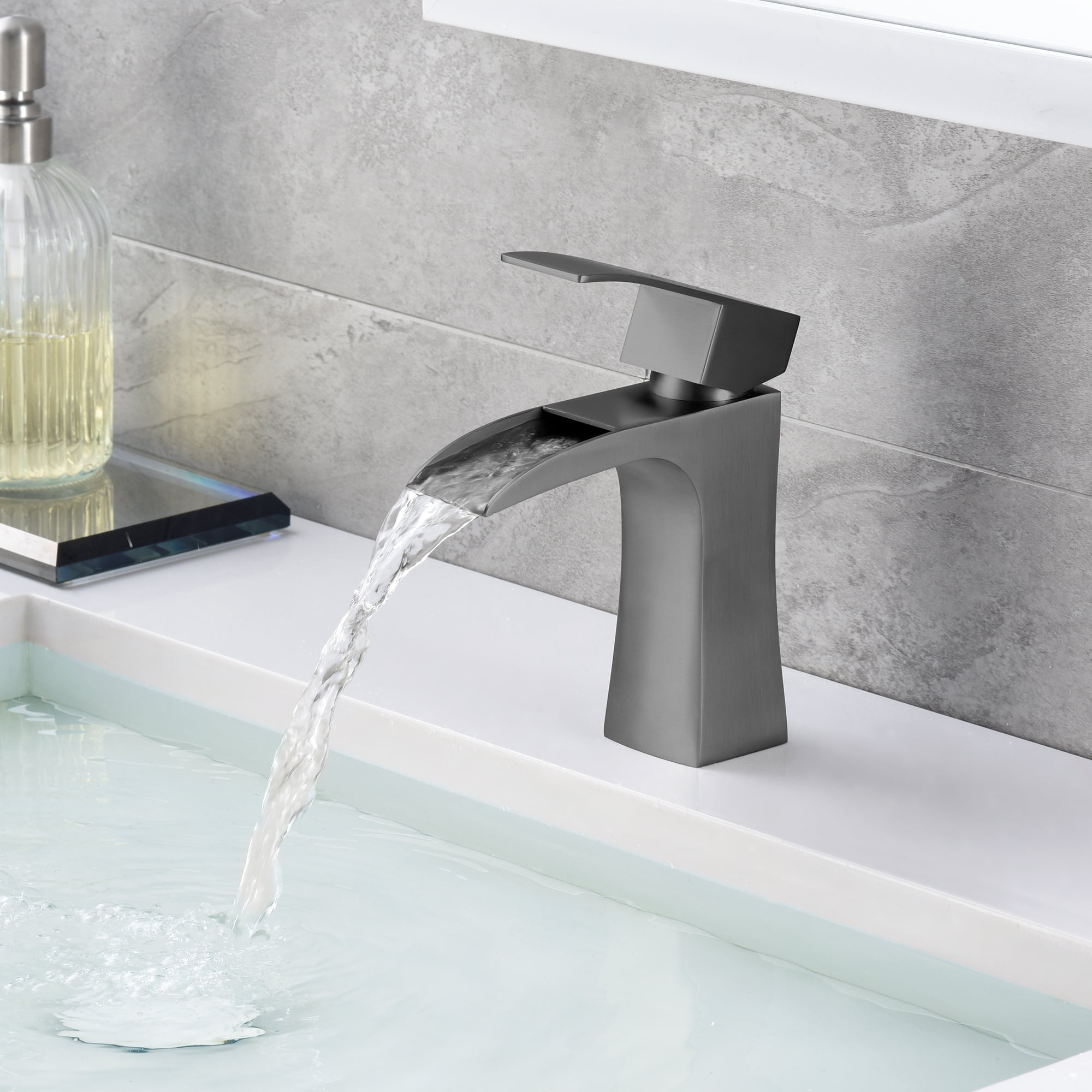 SUMERAIN Waterfall Bathroom Faucet Single Handle Single Hole Metallic Gray Lavatory Sink Faucet Stainless Steel