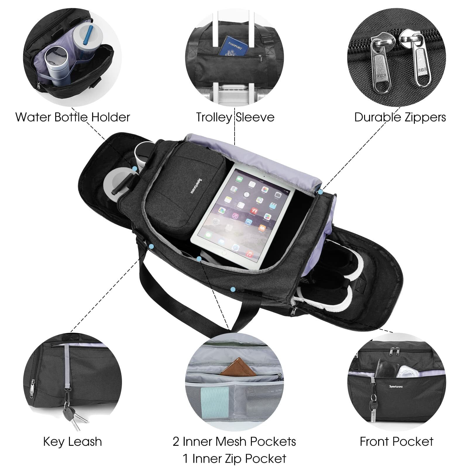 Gym Bags Set 2Pcs Men's Travel Duffel Bag with Toiletry Pouch Waterproof with Backpack Straps Shoe Compartment Wet Pocket for Women, Black