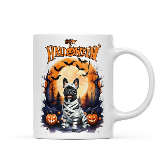 Mummy French Bulldog Happy Halloween with Pumpkins Bats Spooky Fun Mug Dog Lover Gifts Coffee Tea Cup - 00019