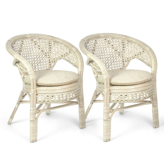 Set of 2 Pelangi Natural Rattan Wicker Dining Armchairs Handmade Design, White Color