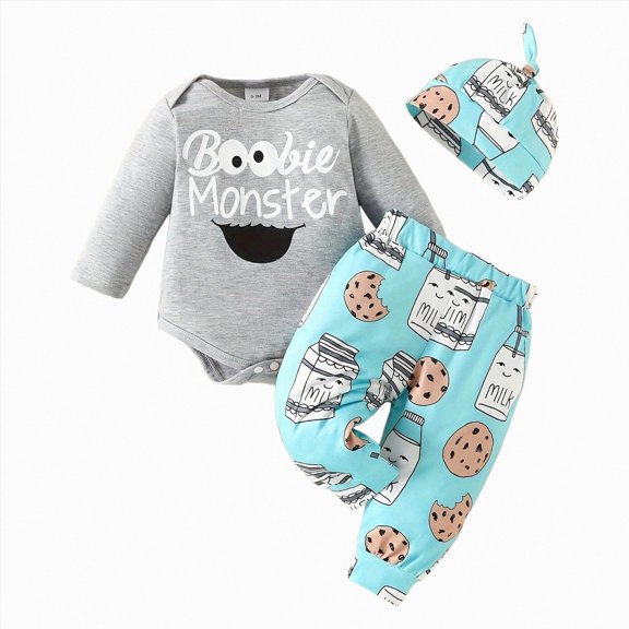 mgoYE Newborn Baby Boy Clothes Letter/Pattern Printed Romper Jumpsuits One Piece Infant Coming Home Outfit 3Pcs Clothing Set(Grey,12-18 Months)