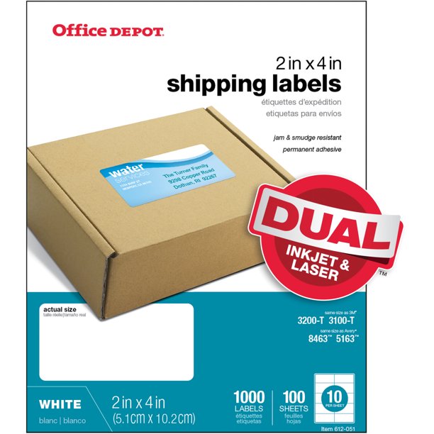 Office Depot White Inkjet/Laser Shipping Labels, 2in. x 4in., Box Of 1,000,  505-O004-0008 