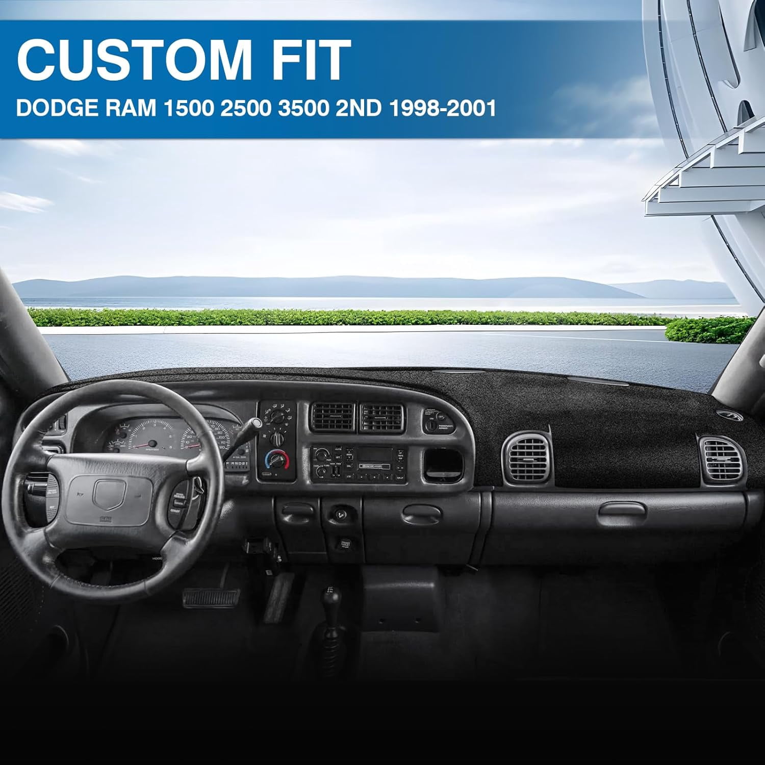 Canvcle Car Dash Cover for Dodge Ram 1500 2500 3500 1998 1999 2000 2001 Left Hand Driving Polyester Non-Slip Center Console Interior Accessories for Ram Pickup Sunshade No Glare Black