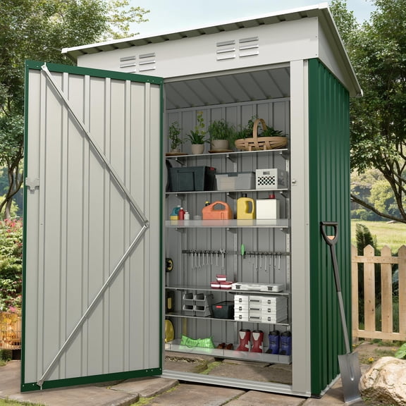 Acekid Heavy Duty Metal Outdoor Storage Shed 5x3 FT, Sloped Roof & Lockable Door, Dark Green