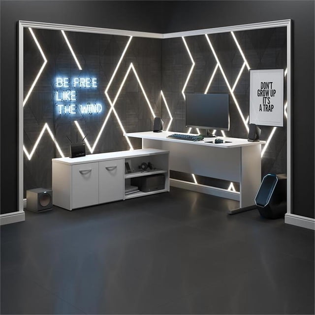 Pemberly Row Bureau de Jeu en L 72 Pouces l avec Rangement, Blanc - Bois d'Ingénierie