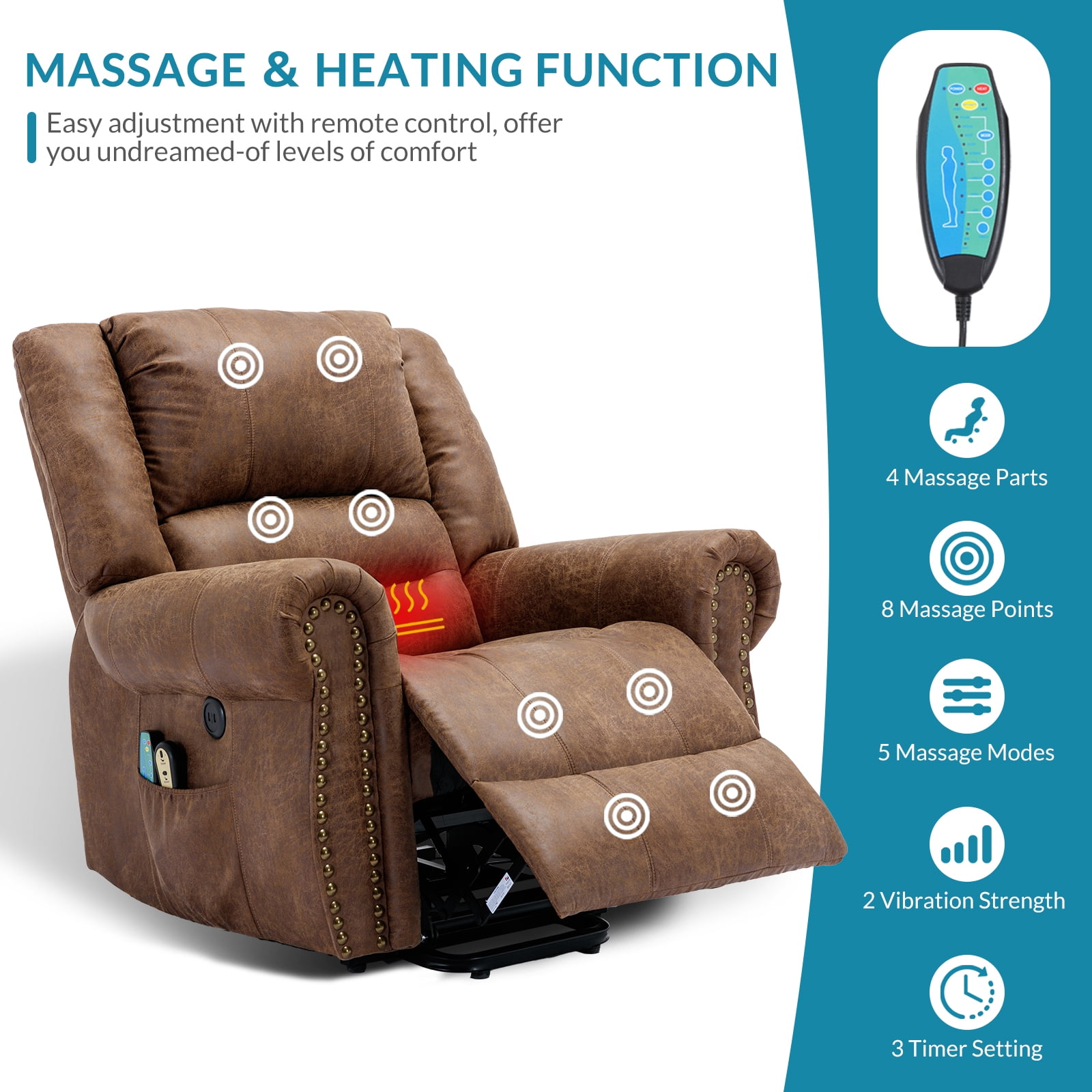 OUINCH Electric Power Lift Recliner Chair with Massage and Heat for Elderly, 2 Remote Controls, 2 Side Pockets, and USB Ports (Brown)
