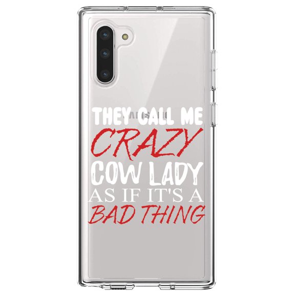 DistinctInk Clear Shockproof Hybrid Case for Samsung Galaxy Note 10 (6.3" Screen) - TPU Bumper Acrylic Back Tempered Glass Screen Protector - Crazy Cow Lady As If It's a Bad Thing