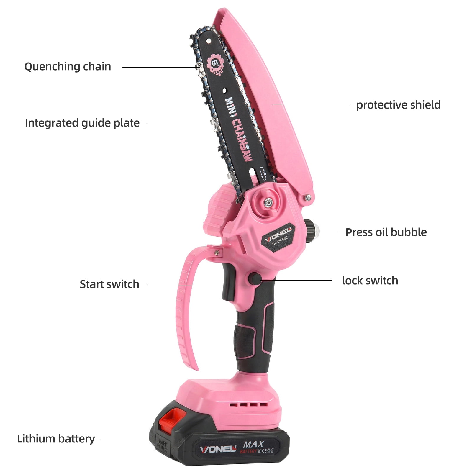 ZLieatmp 6-inch Electric Chainsaw，Handheld Mini Chainsaw for Wood Cutting Tree Trimming Includes 2 Chains & 2 Batteries, Pink