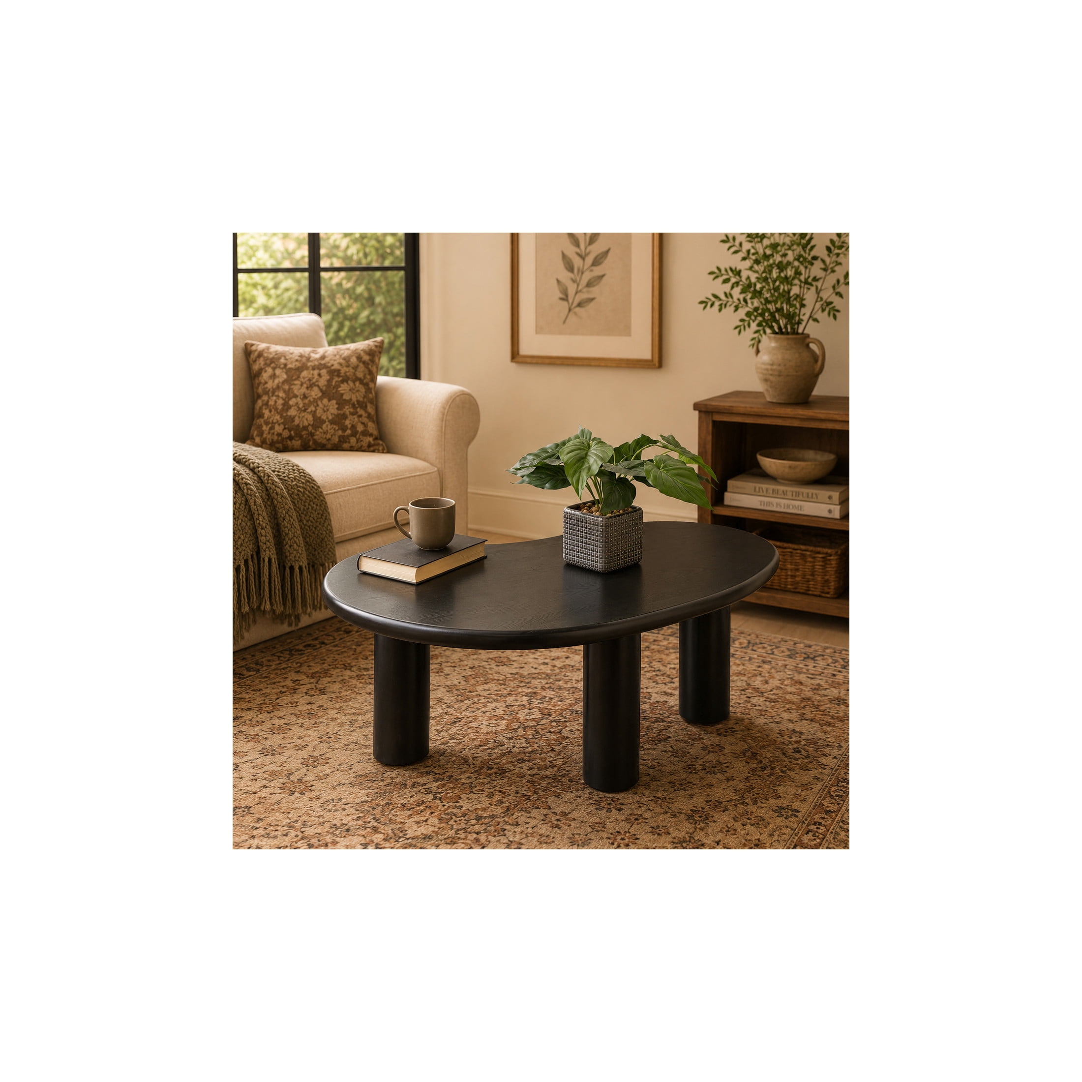 DecMode 40" x 16" Black Wood Heart Inspired Coffee Table with 3 Legs, 1-Piece