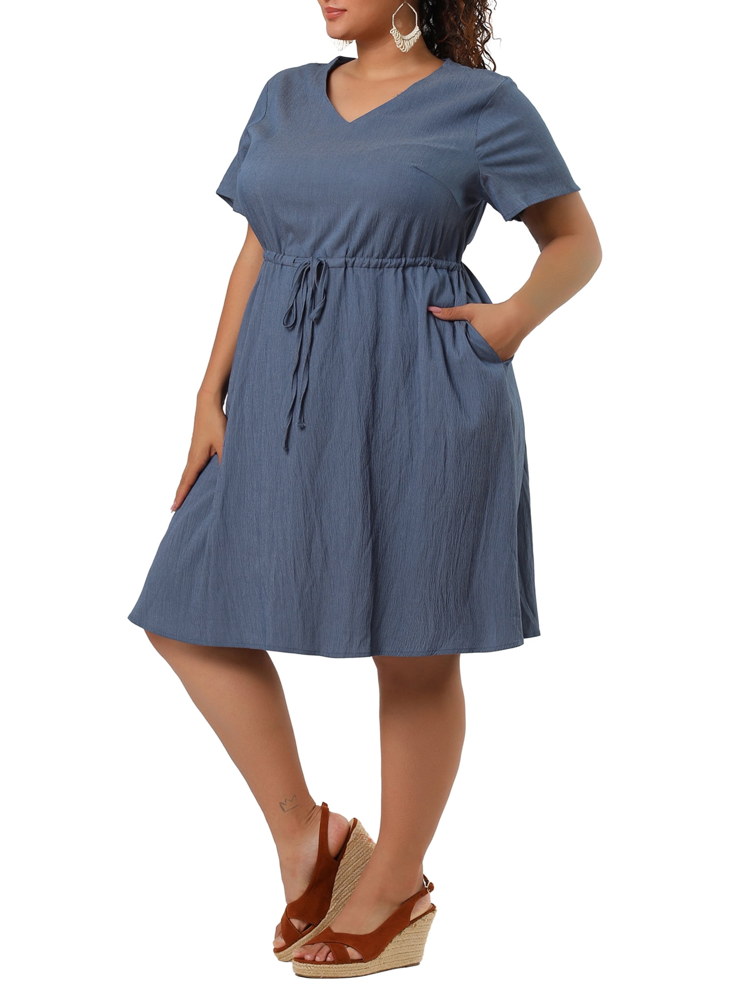 Unique Bargains Women's Plus V Neck Short Sleeve A-Line Denim Dresses 4X Dark Blue