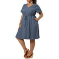 thumbnail image 4 of Unique Bargains Women's Plus V Neck Short Sleeve A-Line Denim Dresses 4X Dark Blue, 4 of 7