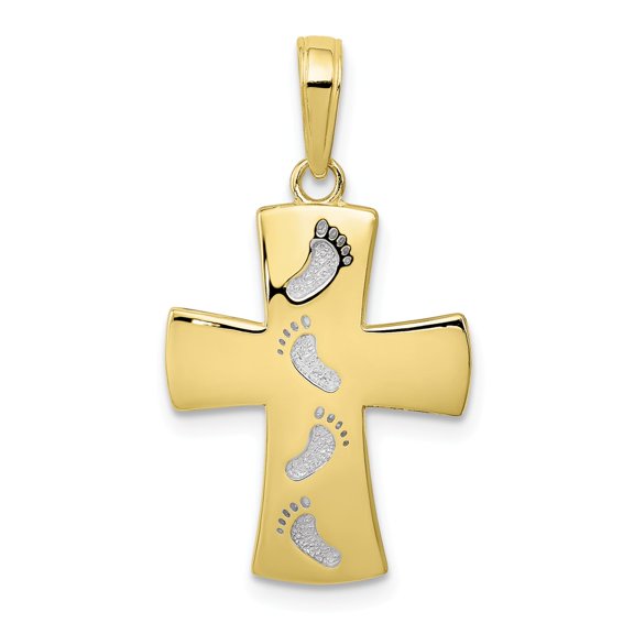 FB Jewels 10K Yellow Gold Cross with White Footprints Pendant