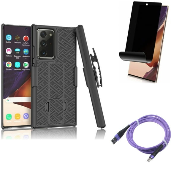 10ft USB Cable & Privacy Screen Protector & Case Belt Clip for Samsung Galaxy Note 20 Ultra (6.9") - Combo with Purple Type-C & TPU Film Anti-Peep & Holster Swivel