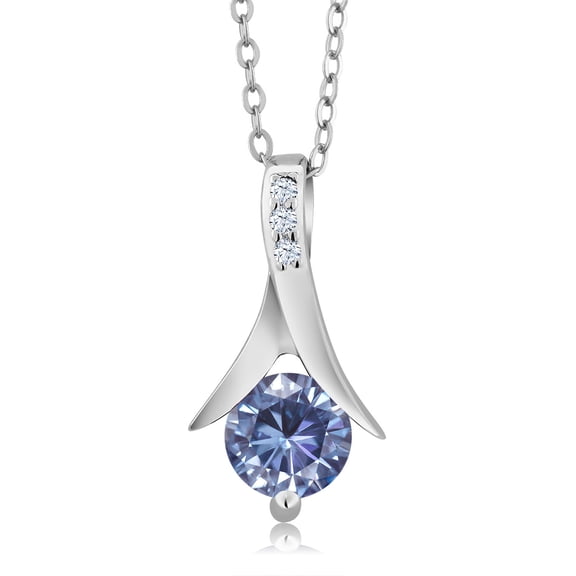 Gem Stone King 925 Sterling Silver Pendant with Chain 6mm Round Persian Blue Moissanite (0.85 Cttw)
