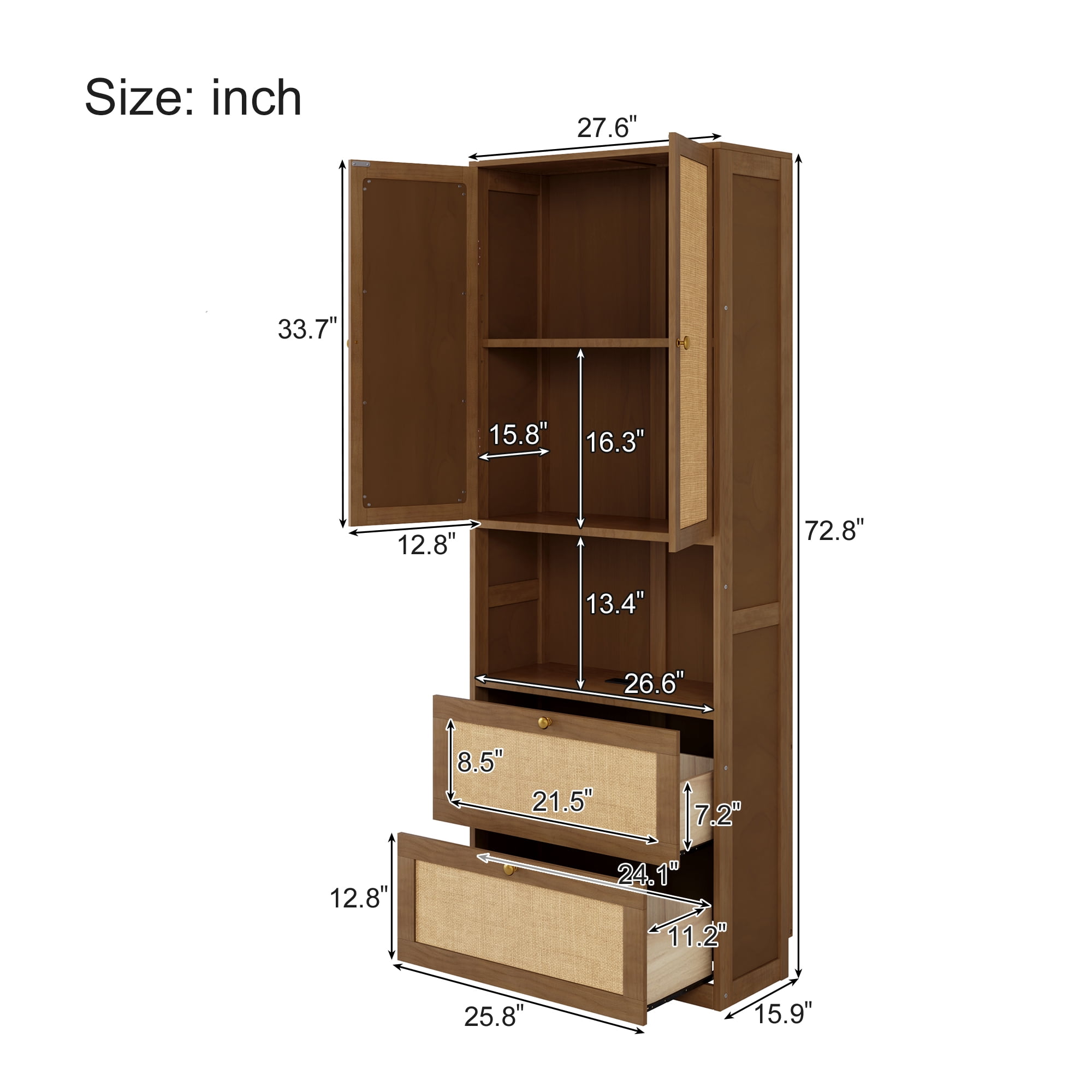 Euroco 2 Doors Bookshelf with USB Port and 3 Drawers Side Cabinet Storage Shelves, Walnut