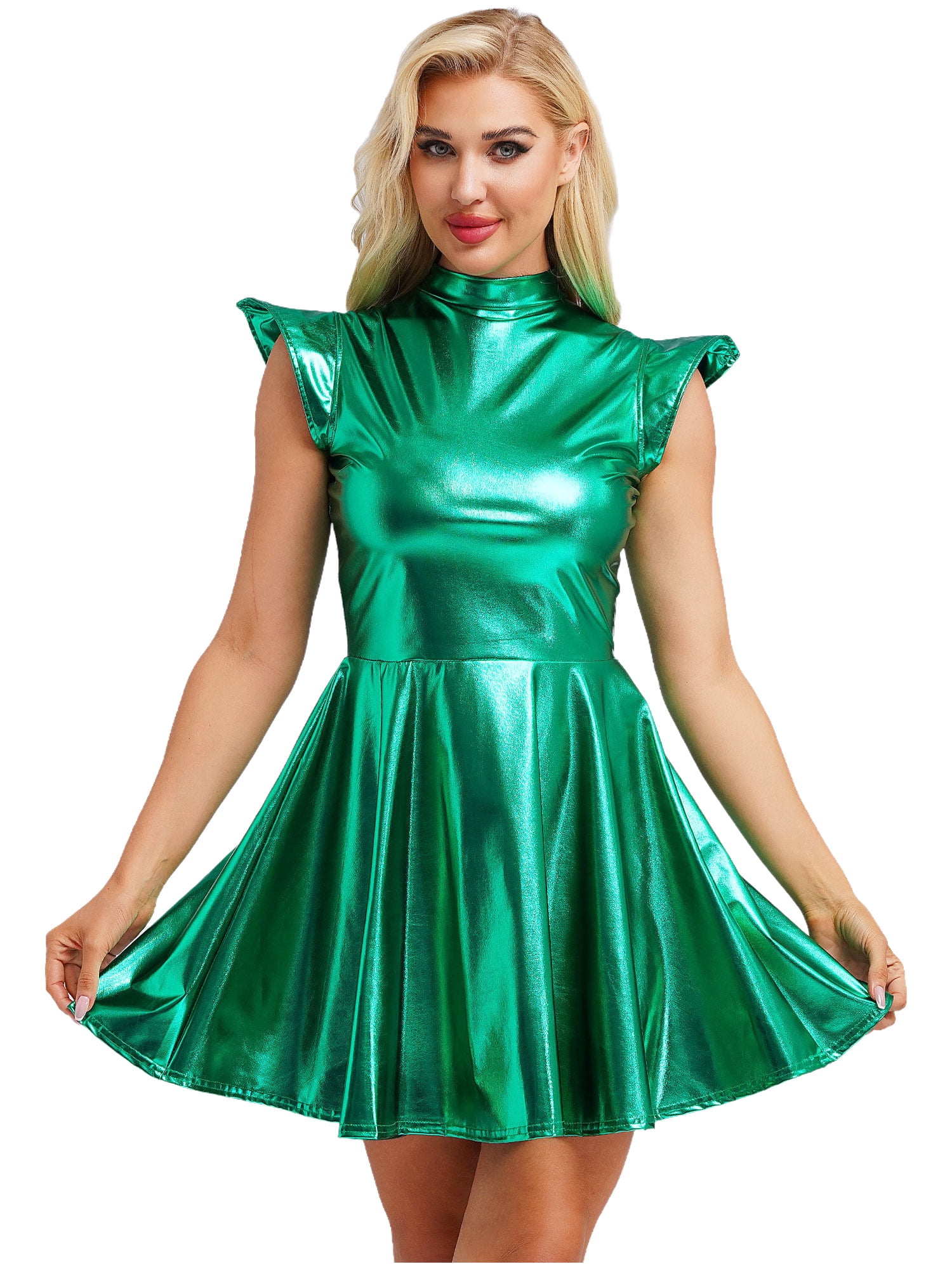 Haitryli Women's Holographic High Waist Dress Party Club Disco Pleated Dress Cosplay Outfits Wet Green XL