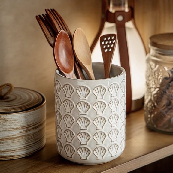 Embossed Ceramic Utensil Holder Crock – Farmhouse Kitchen Counter Organizer for Cooking Tools, Spoons, Spatulas & Cutlery