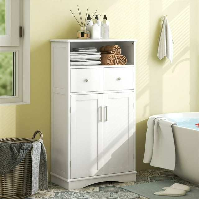 Costway Gabinete de Baño de Suelo con 2 Puertas 2 Cajones y 2 Estantes Ajustables Organizador de Almacenamiento 60 x 30 x 108 cm Blanco