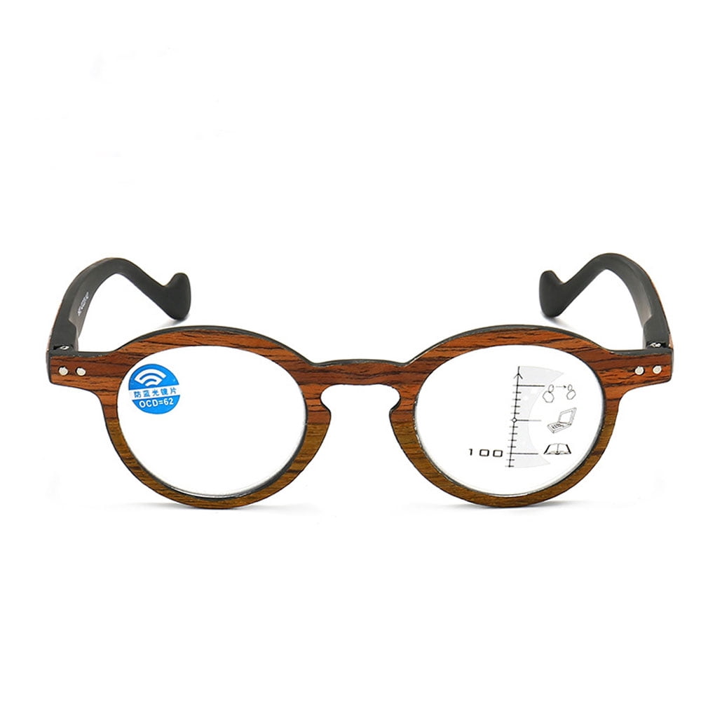 2 Pairs of Retro Brown Wood Grain Progressive Multi-focus Reading Glasses 1.00 Round Anti-blue Light Spring Hinges Readers +1.00 Strength