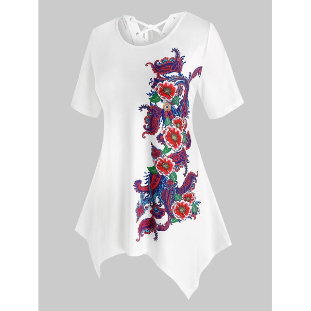 Talla grande Impresión floral con cordones de cordones. Rosegal Camisetas tallas grandes