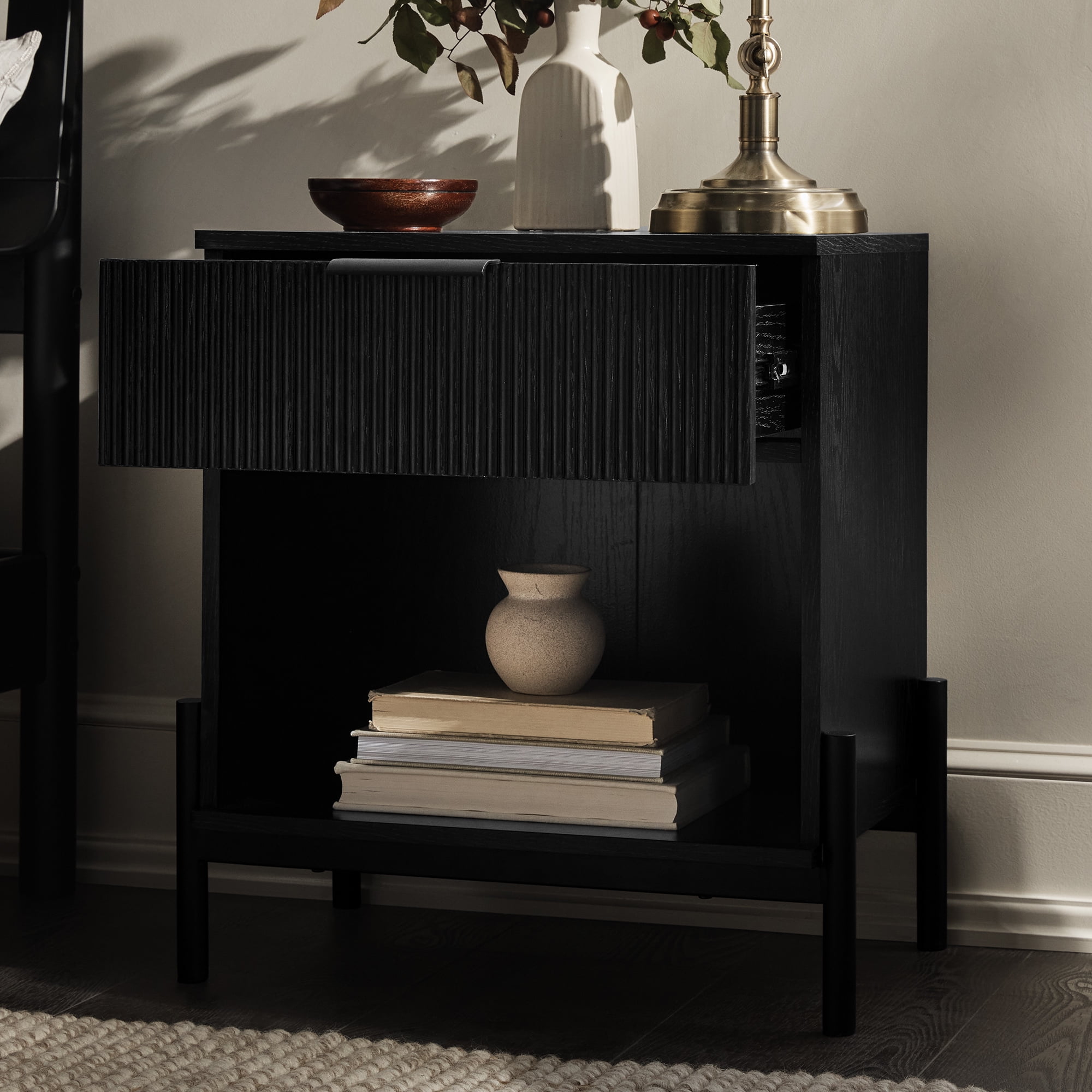 Walker Edison Modern Reeded-Front 1-Drawer Nightstand, Black