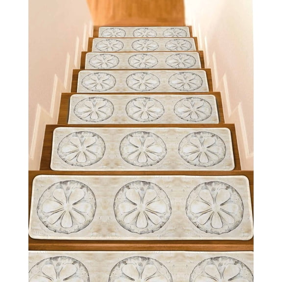 Stair Treads for Wooden Steps, Sand Dollar Coastal Peel and Stick Stair Treads with Reusable Adhesive, Summer Beach Beige Sea Non Slip Indoor Stairs Runner Rugs Mats for Elders Dogs 8"x30" 10PCS