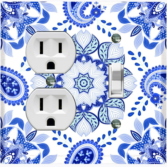 Metal Light Switch Plate Cover Mandala Blue White Paisley Flower Tile Pattern MDL090