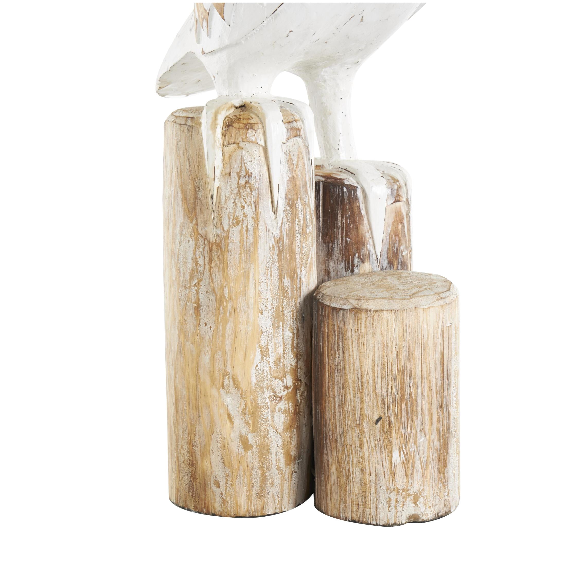 7" x 24" White Wood Handmade Distressed Pelican Sculpture with 3 Brown Posts, by DecMode