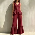thumbnail image 2 of Womens Casual Two Piece Outfit V Neck Sleeveless Button Peplum Top High Waist Ruffle Hem Wide Leg Pants Solid Color Elegant Set Wine S(S), 2 of 6